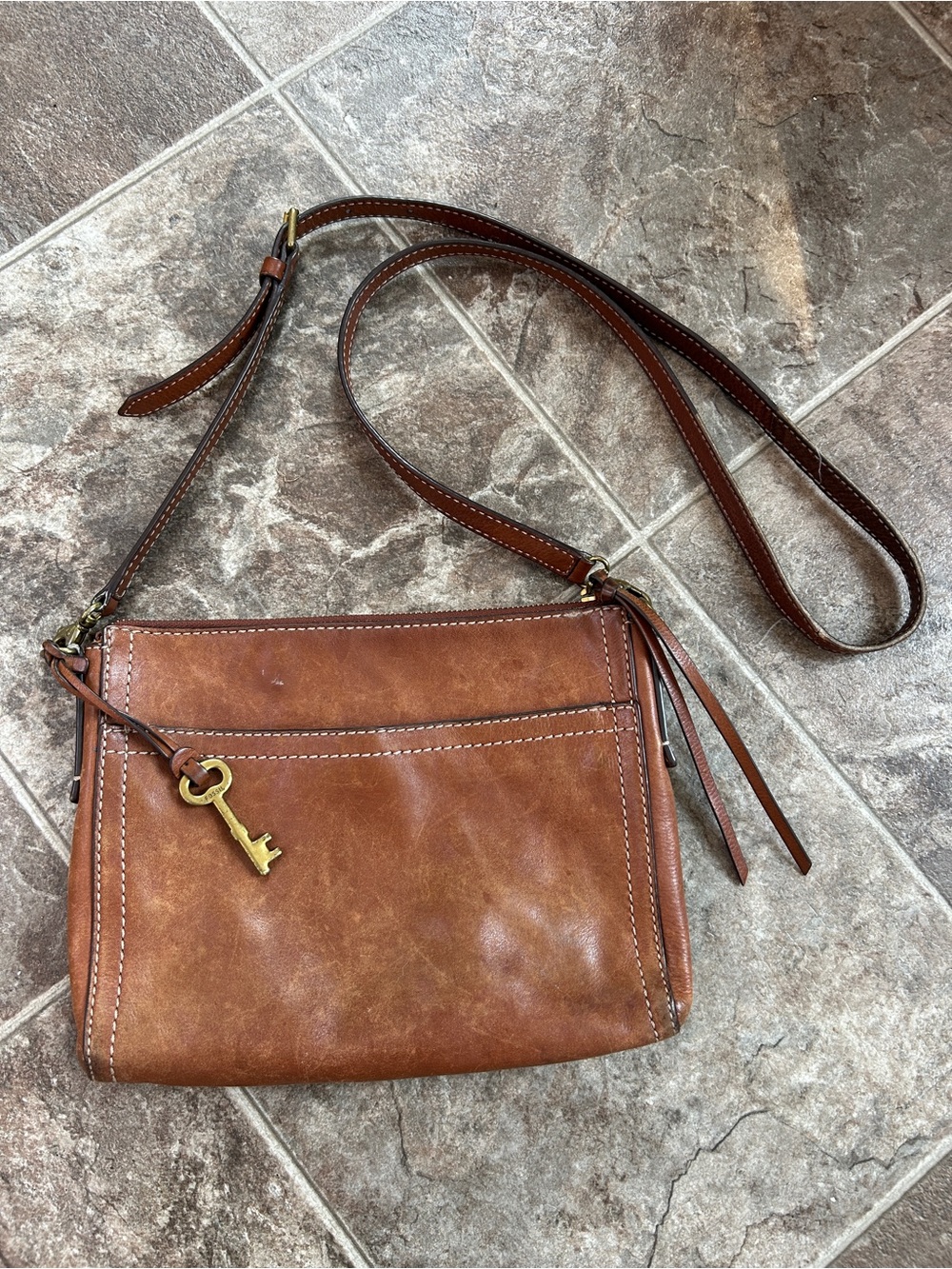 Fossil Cognac Leather Crossbody with Key Charm small on the go purse